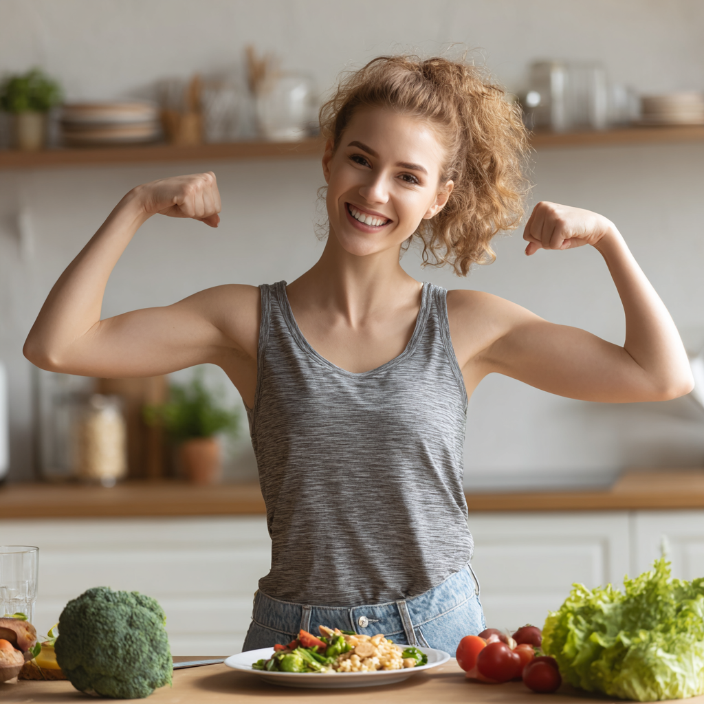 Middle-aged Ukrainian woman preparing healthy meal in modern kitchen, smiling while chopping fresh vegetables